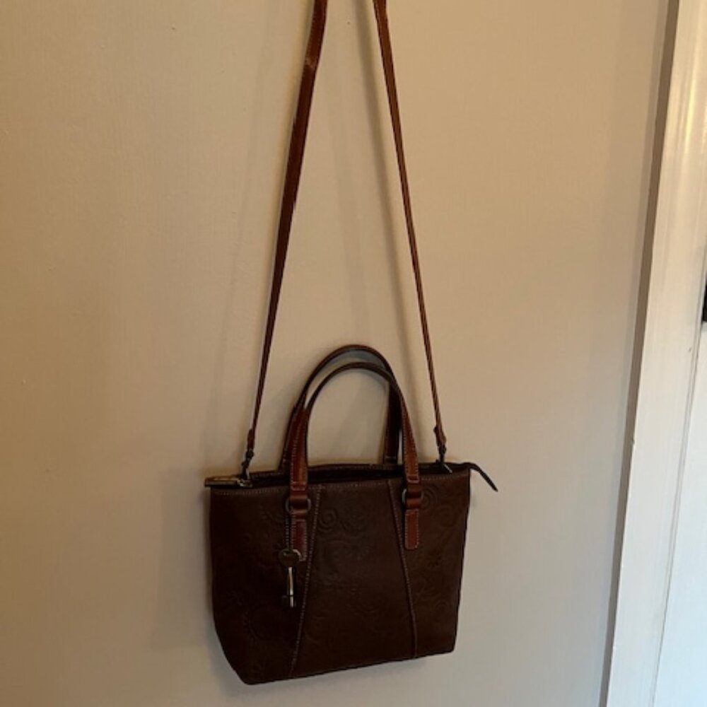 FOSSIL | Brown Floral Tooled Embossed Leather Crossbody or Handbag-EUC - Picture 15 of 16
